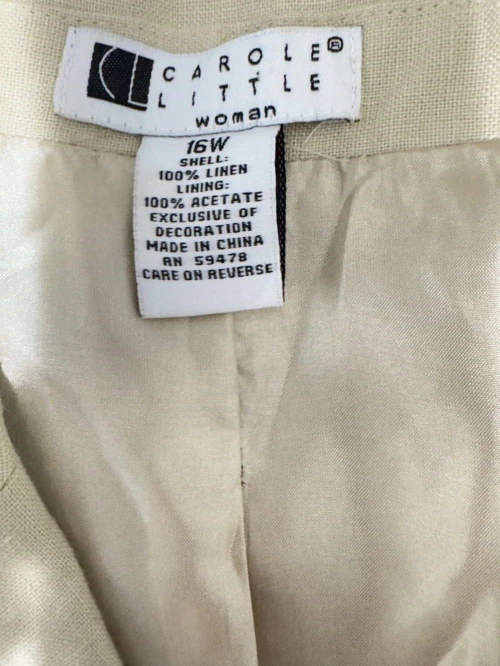 Carole Little Linen Embroidered Blazer Jacket Tan Button Front Floral Eyelet 16W